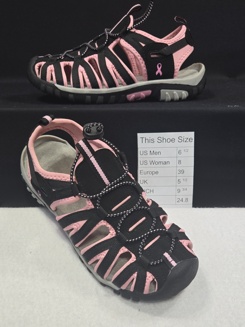 Women’s Breast Cancer Awareness Black and Pink Strappy Active Sandal